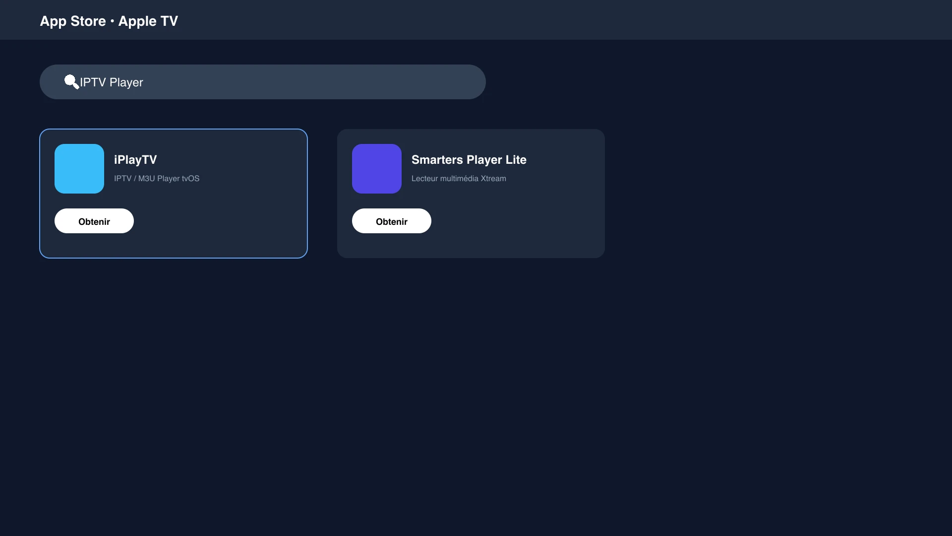 Recherche d'une application IPTV sur l'App Store de l'Apple TV