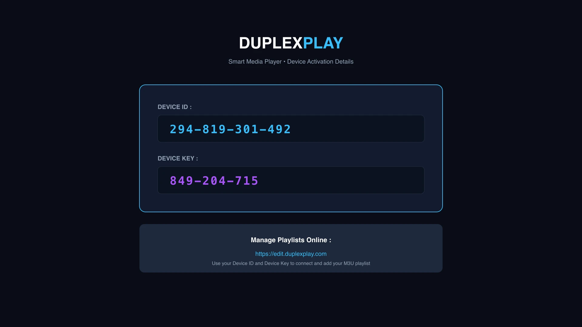 Écran d'activation de DuplexPlay avec Device ID et Device Key