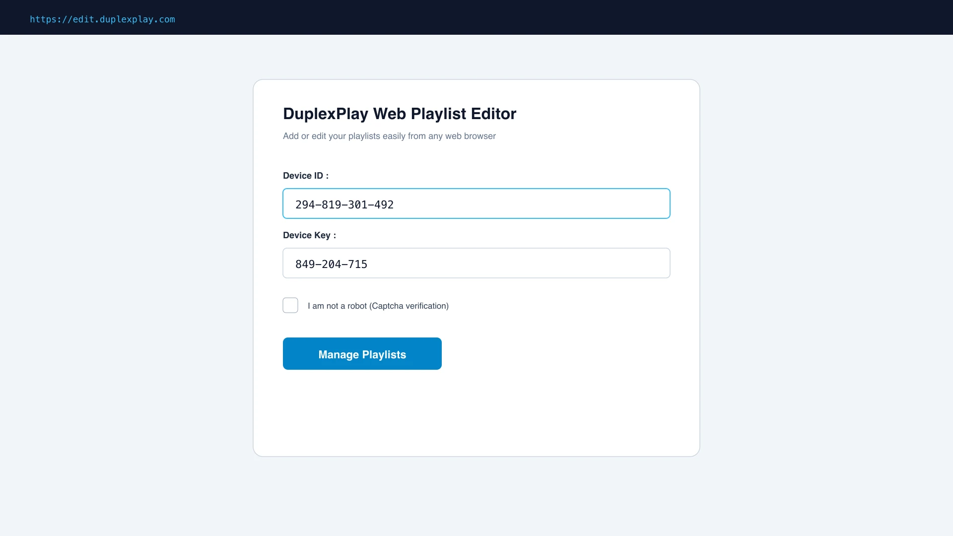 Espace de gestion des playlists DuplexPlay sur edit.duplexplay.com