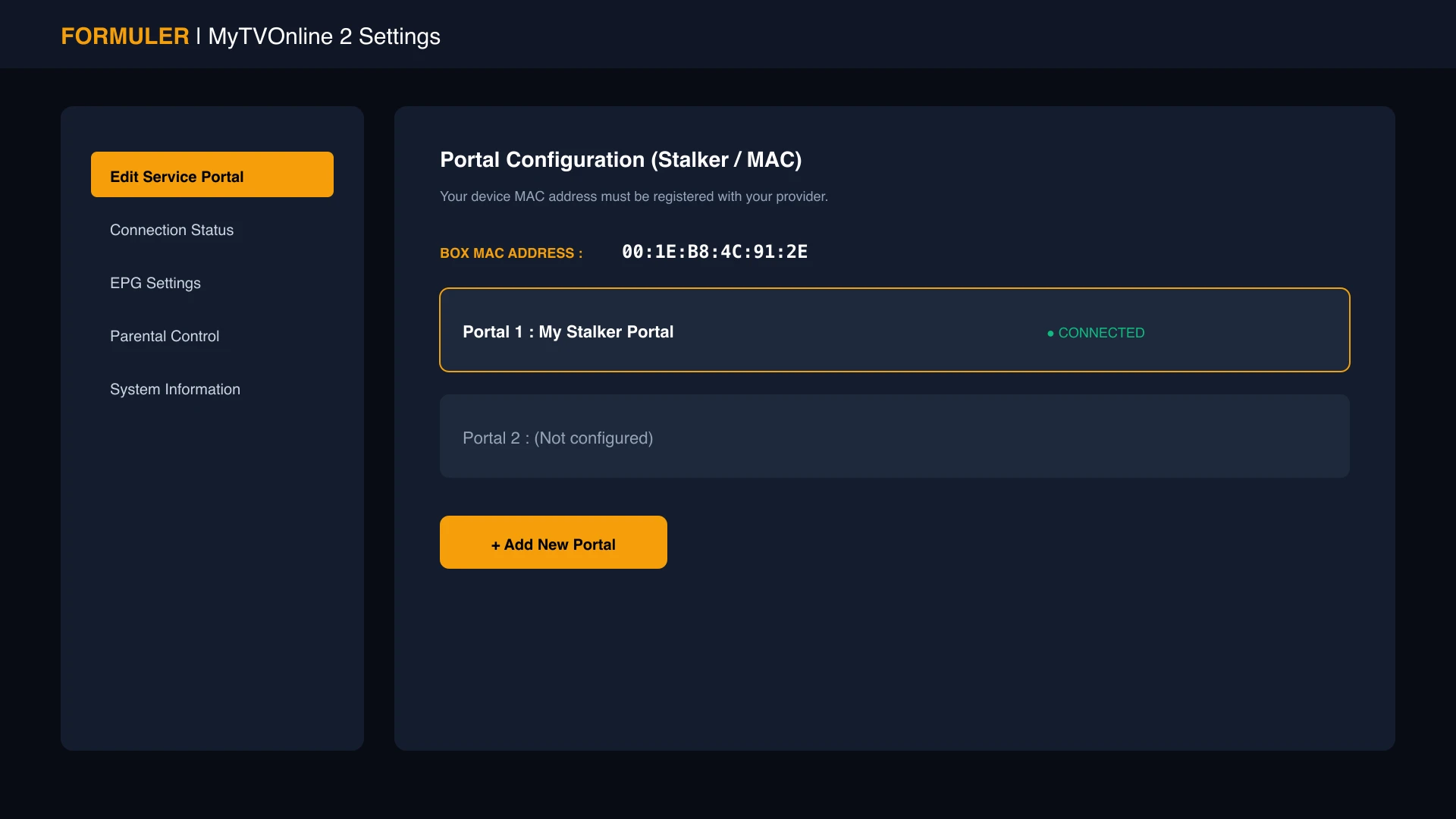 Écran de configuration du portail MyTVOnline sur Formuler