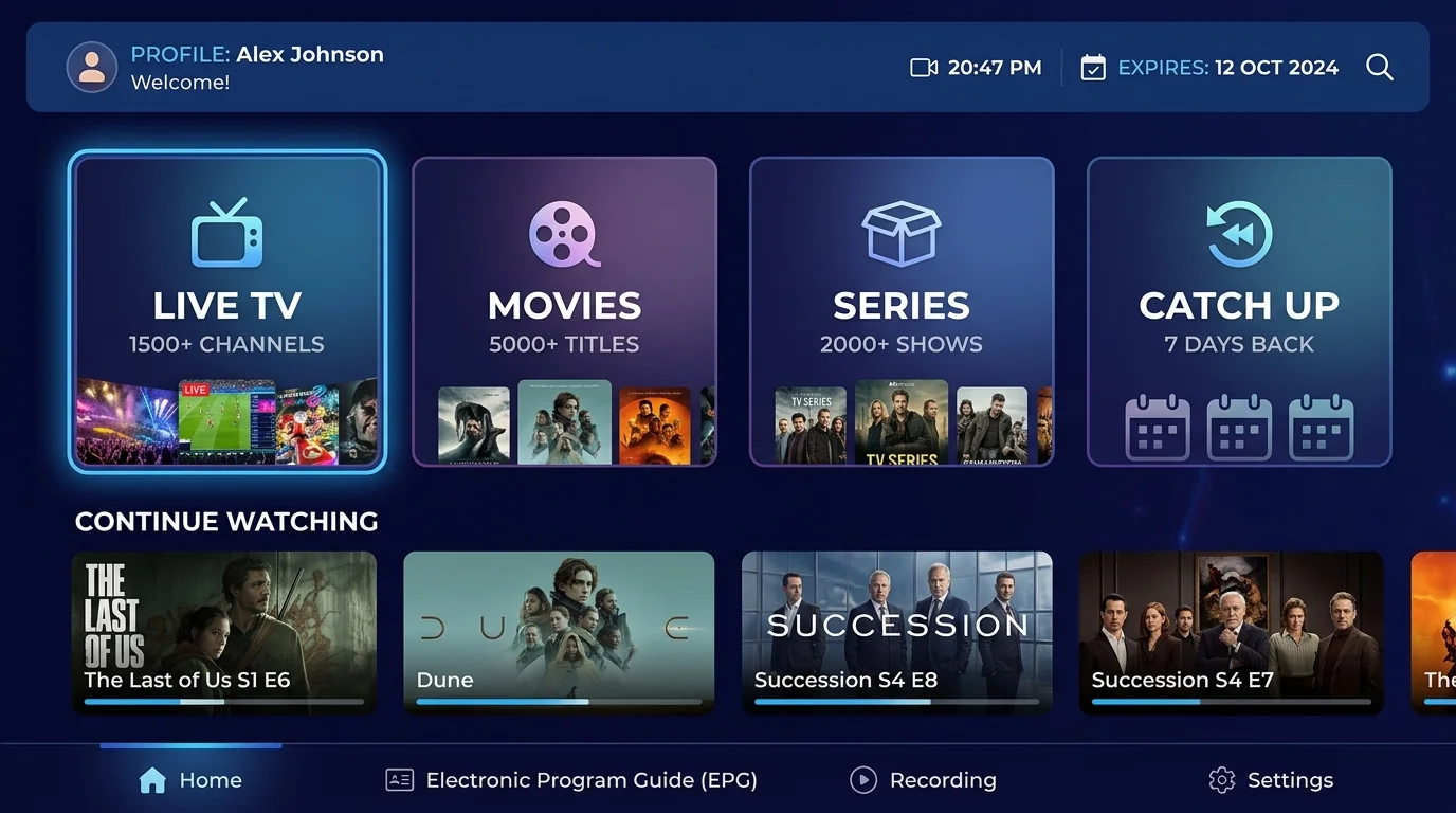 Tableau de bord principal d'IPTV Smarters Pro
