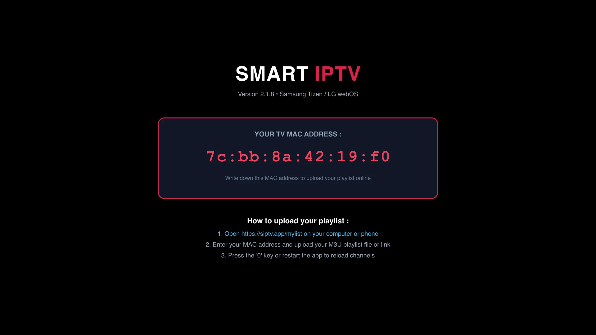 Écran d'accueil de Smart IPTV affichant l'adresse MAC