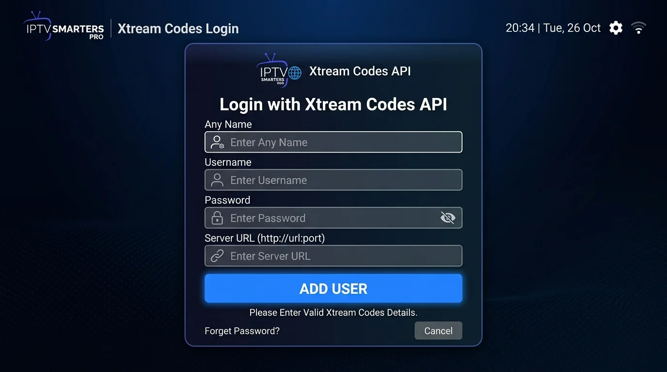 Formulaire de saisie des identifiants Xtream Codes dans IPTV Smarters Pro